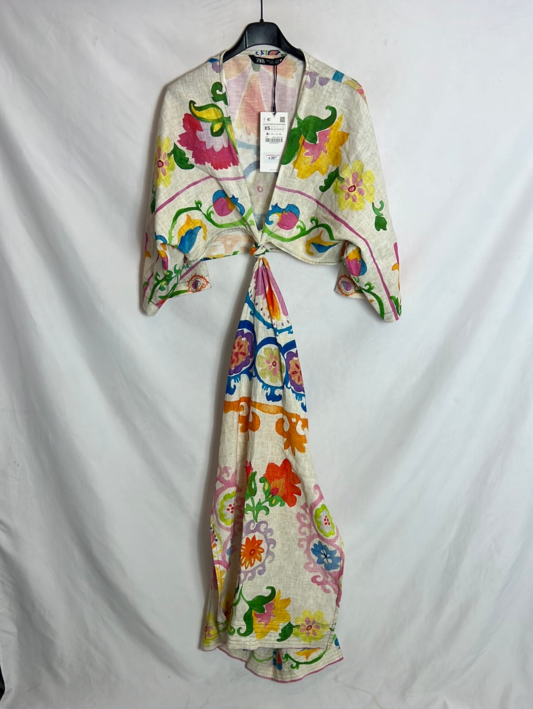 ZARA. Vestido lino aperturas estampando . T XS