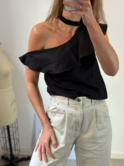 L'ACADEMIE. Black Linen Asymmetrical Ts Top