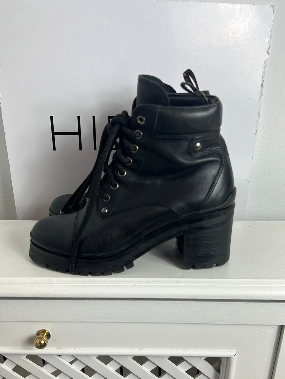 MIU MIU. Black lace-up heeled ankle boots. Size 39