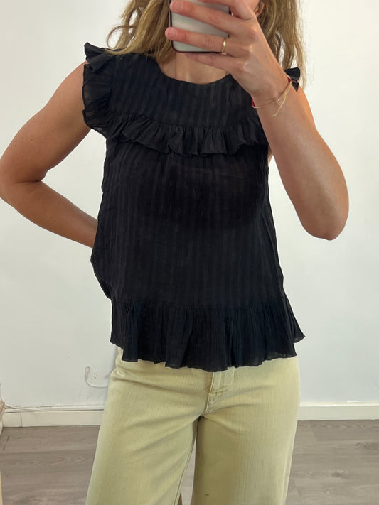 MASSCOB. Black Ts ruffle top
