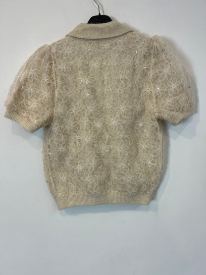 ZARA. top beige tull flores T.s