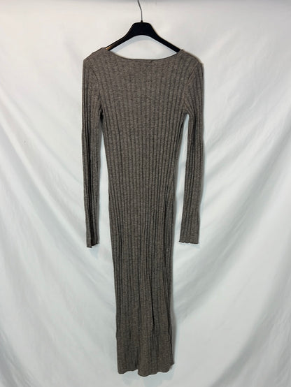 ZARA. Vestido largo canalé gris jaspeado. T S