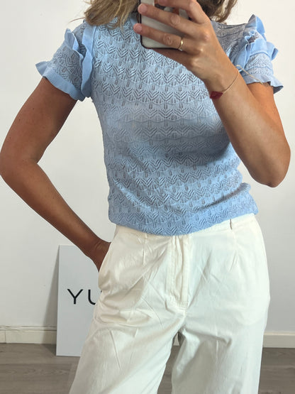 ZARA. Top azul claro calado. T S