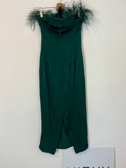 ZARA. Vestido midi verde plumas T.xs