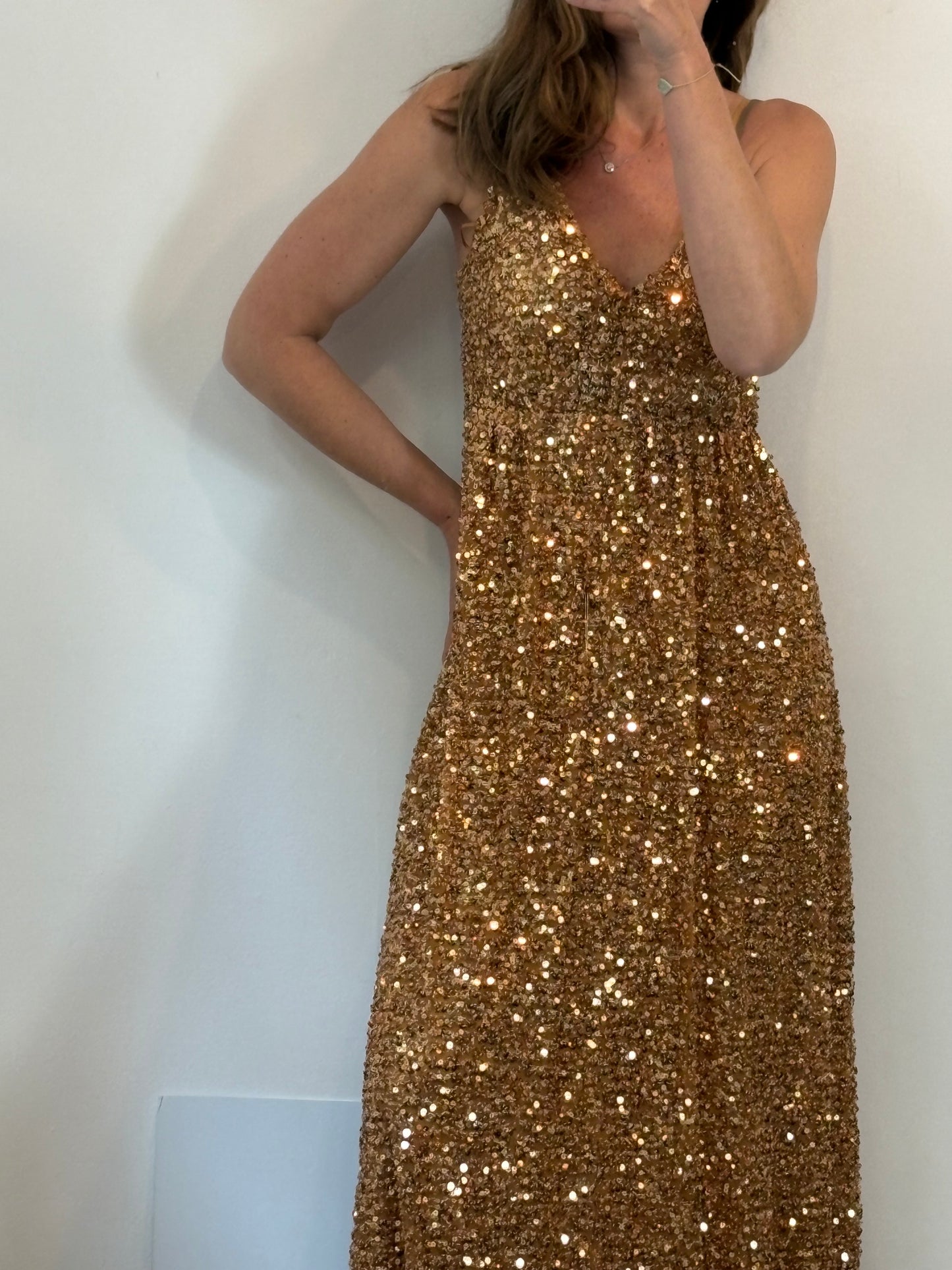 ZARA. Long gold sequin dress. TS