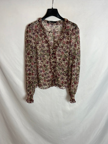 ZARA. Blusa beige flores T.m
