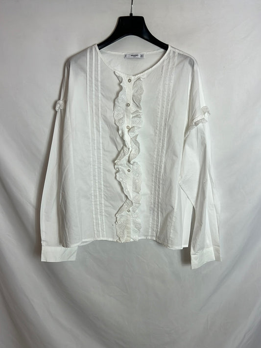 MANGO. Camisa blanca volante botones T.m