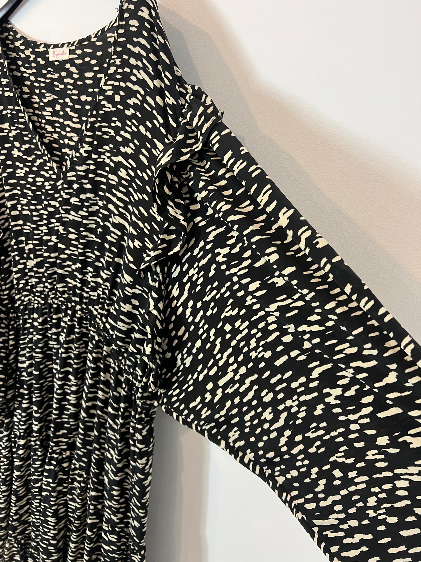 BUGANVILIA. Long black dress with white silk print, size 3XL