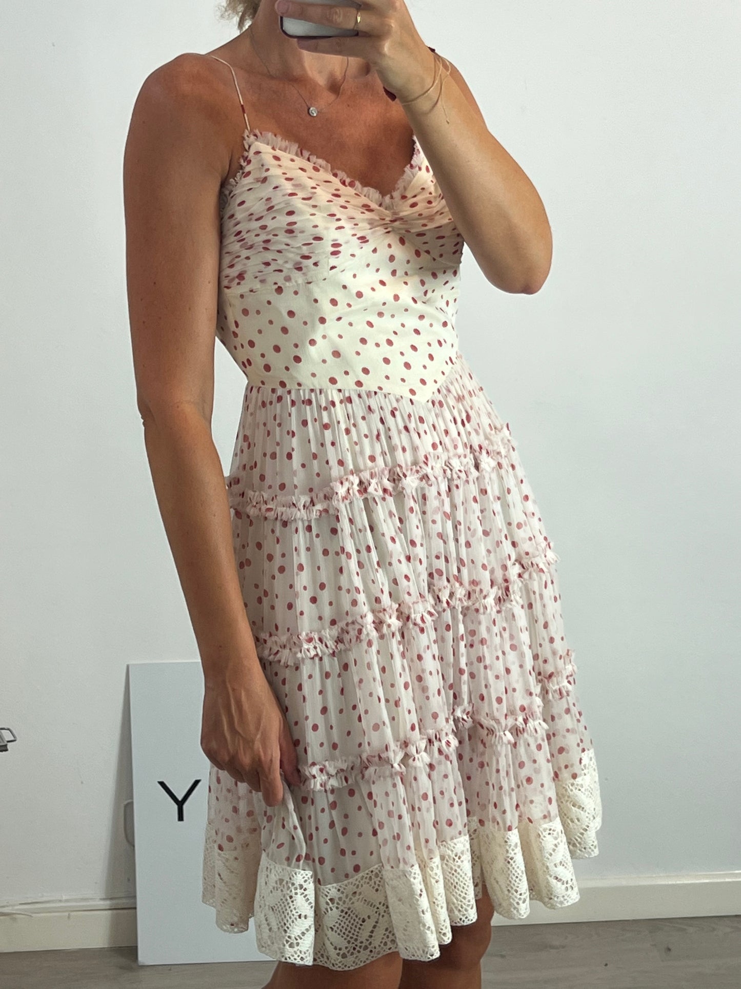 ALMA AGUILAR. Silk dress with ruffles and polka dots. Size 38