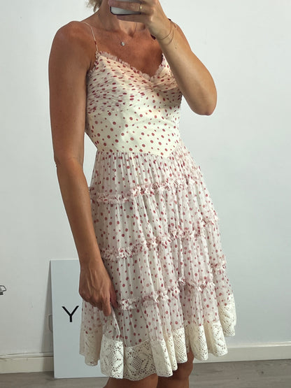 ALMA AGUILAR. Silk dress with ruffles and polka dots. Size 38