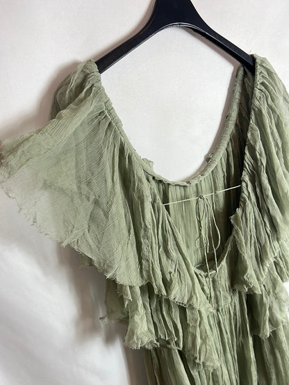 TOPSHOP. Vestido corto seda verde detalle espalda. T 36