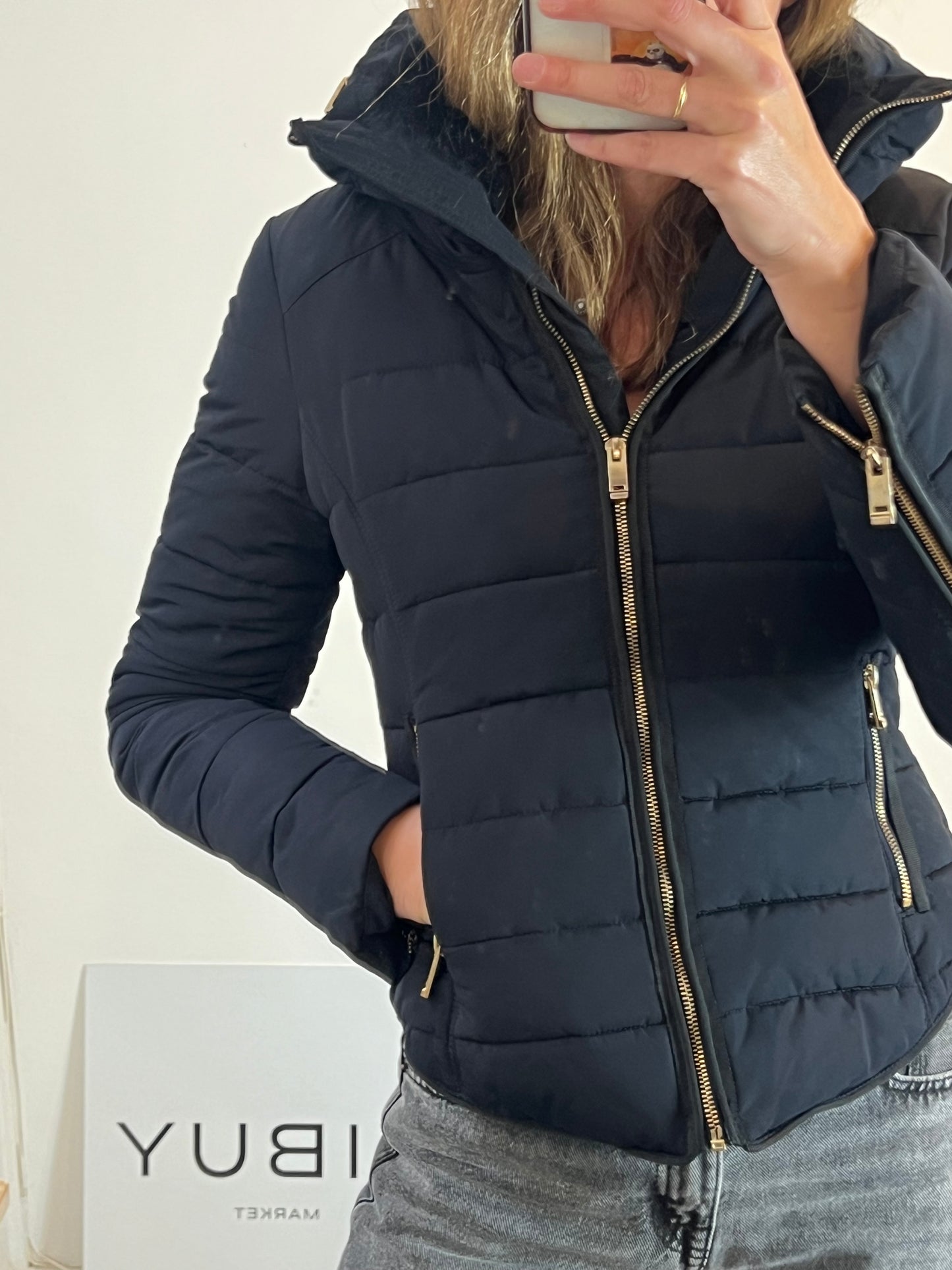 ZARA. Plumas azul capucha extraíble. T M