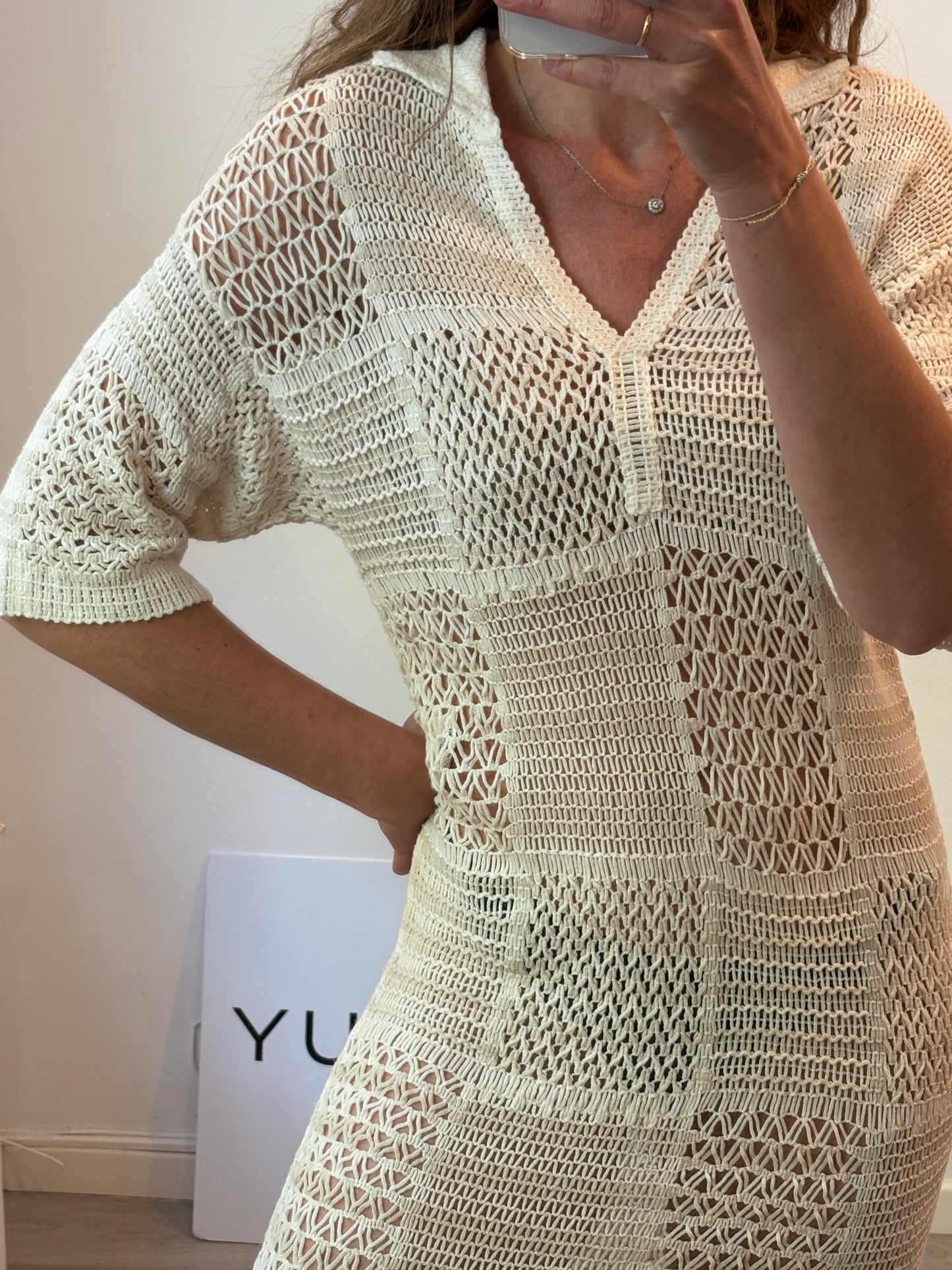 SCALPERS. Vestido beige calado largo. T S