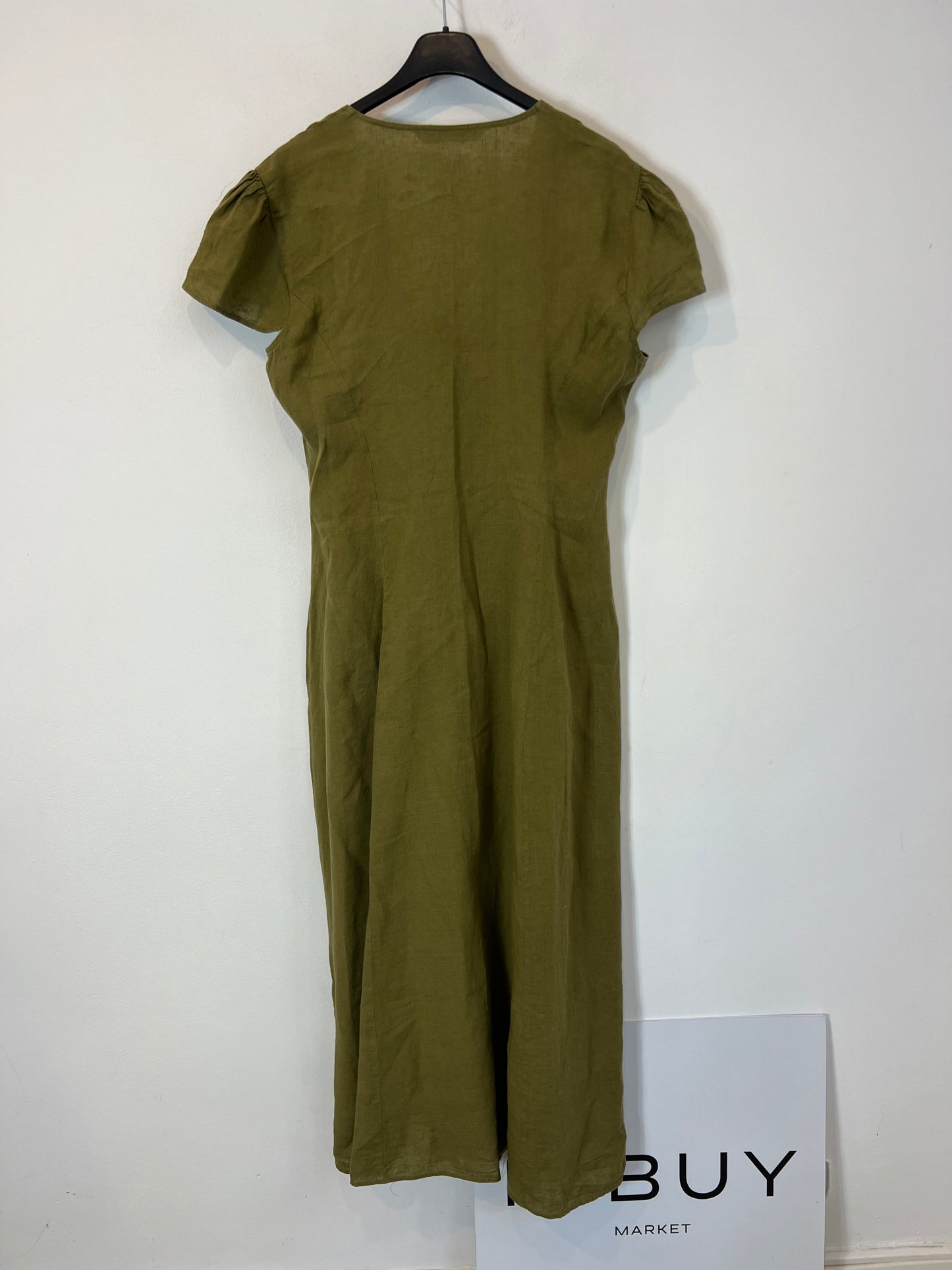 ZARA. Vestido largo verde lino abotonado. T M
