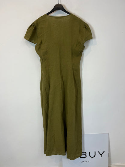 ZARA. Vestido largo verde lino abotonado. T M