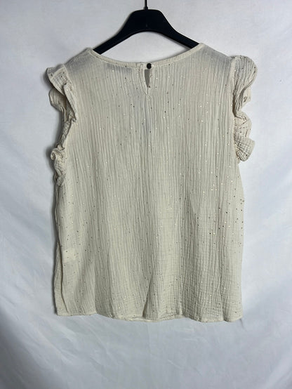 VINTAGE LOVE. Beige cotton top with gold polka dots. Size 1(S)