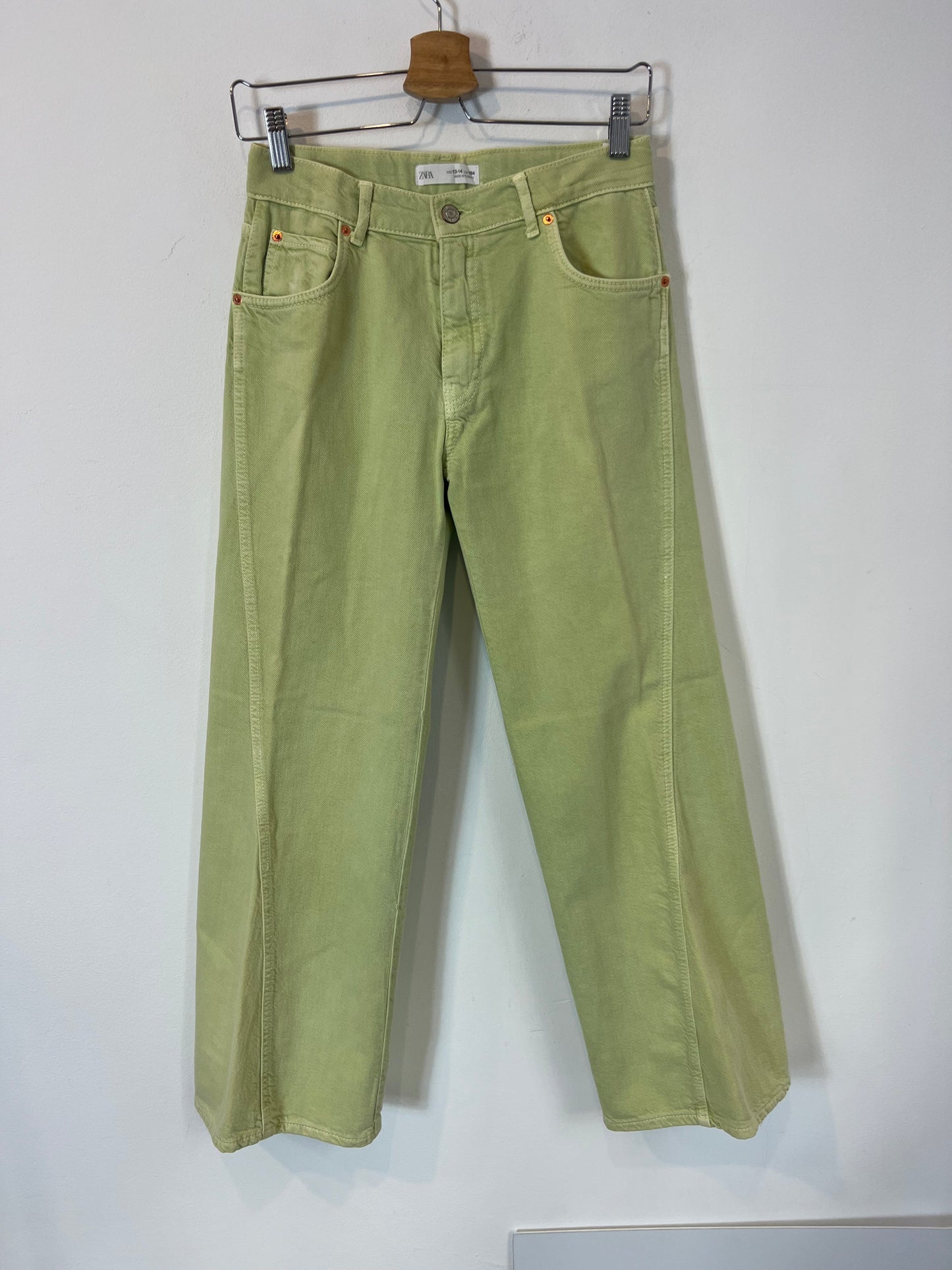 ZARA. Light green denim with stitching detail. Size 13-14 years (XS/S)