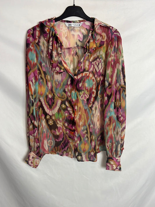 ZARA. Blusa estampada semi transparente. T S