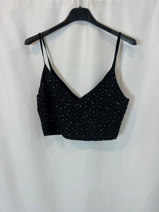 ZARA. Crop top negro pedrería. T XS