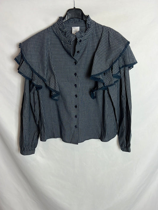 JOLIE JOLIE. Blusa azul cuadros volantes. T S