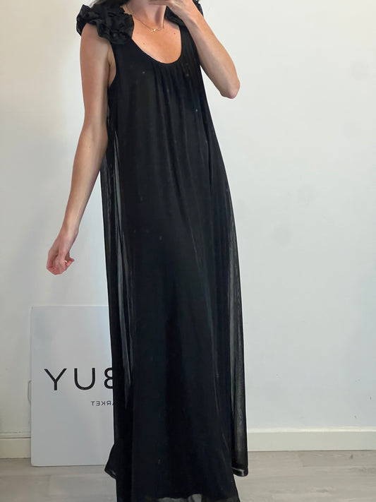H&M. Vestido negro flores hombros  T.m