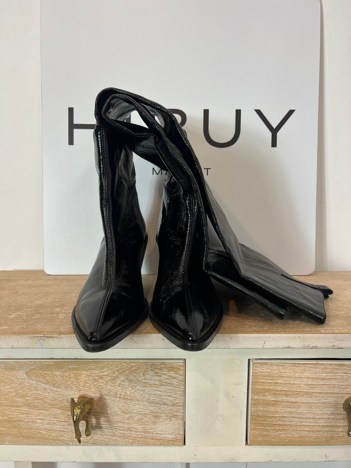 IRO. Black vinyl leather high boots, size 39