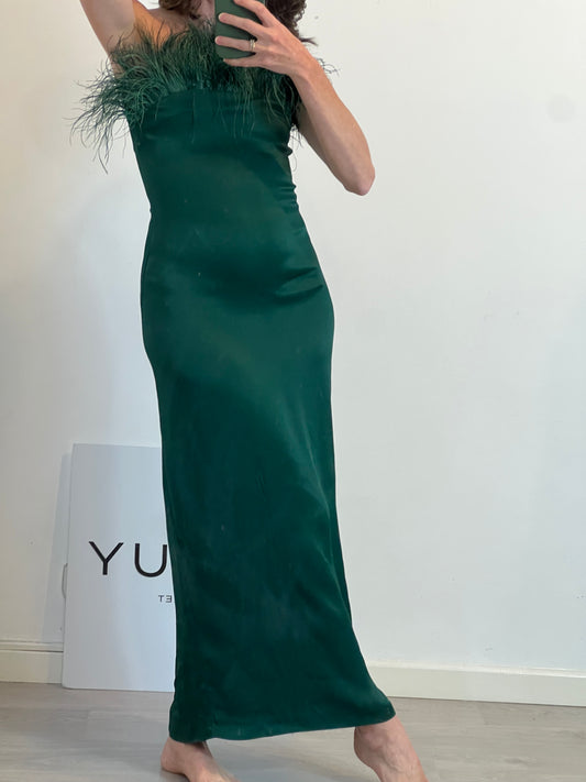 ZARA. Vestido midi verde plumas T.xs