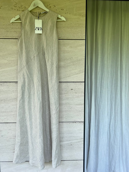 ZARA. Vestido midi lino beige. T S