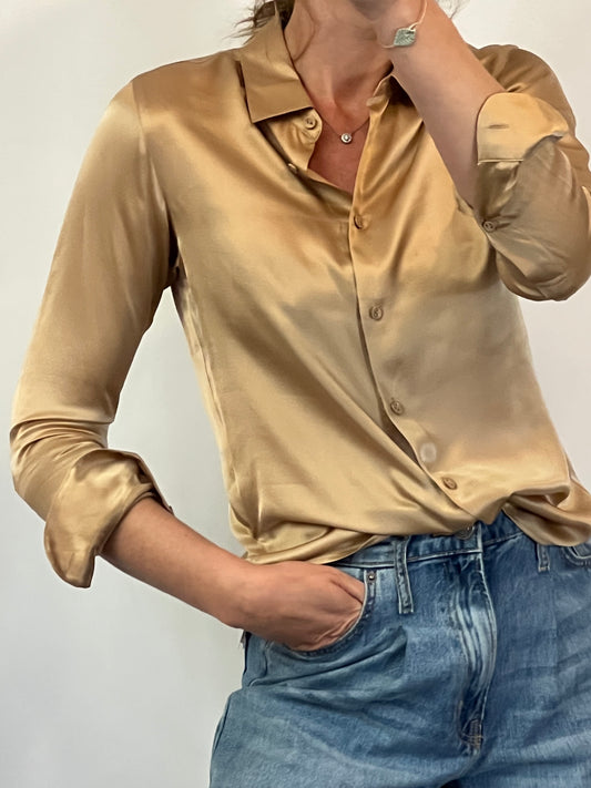 UNIQLO. Blusa beige tostado seda. T XS