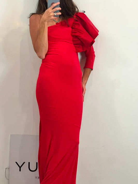 Vestido largo rojo manga volante