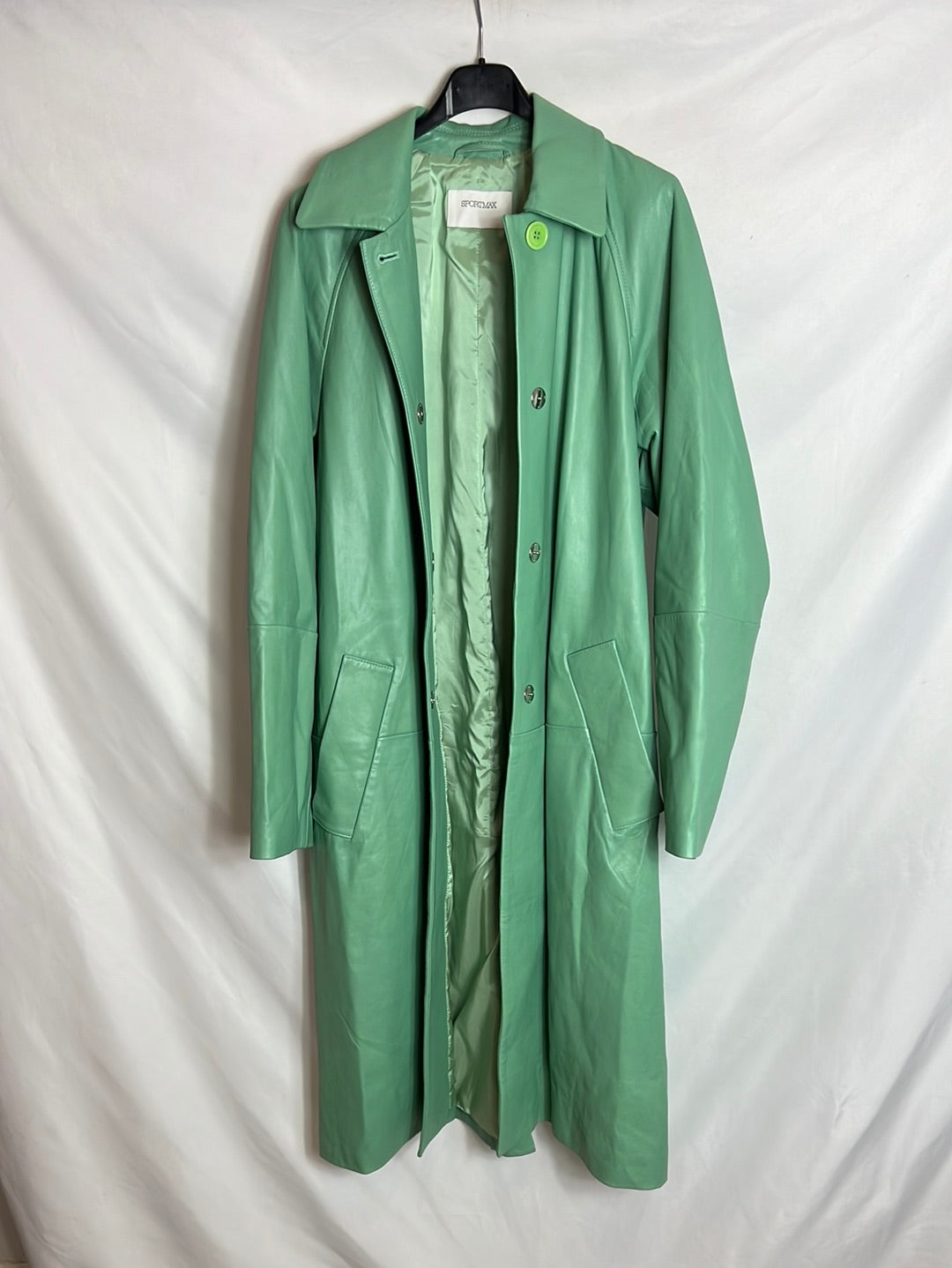 SPORTMAX (MAXMARA). Long, aqua-green leather jacket. Size 40