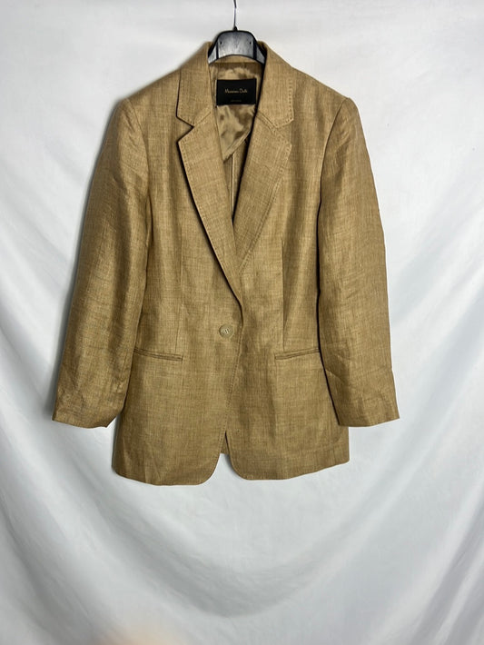 MASSIMO DUTTI. Blazer camel jaspeada lino. T 38