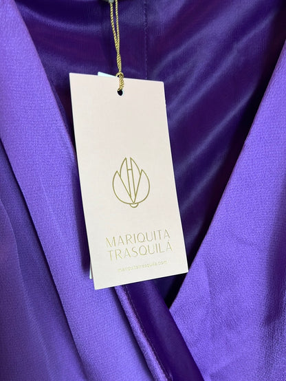 LADYBUG SHEARS. Purple satin blouse with shoulder pads. Size XL