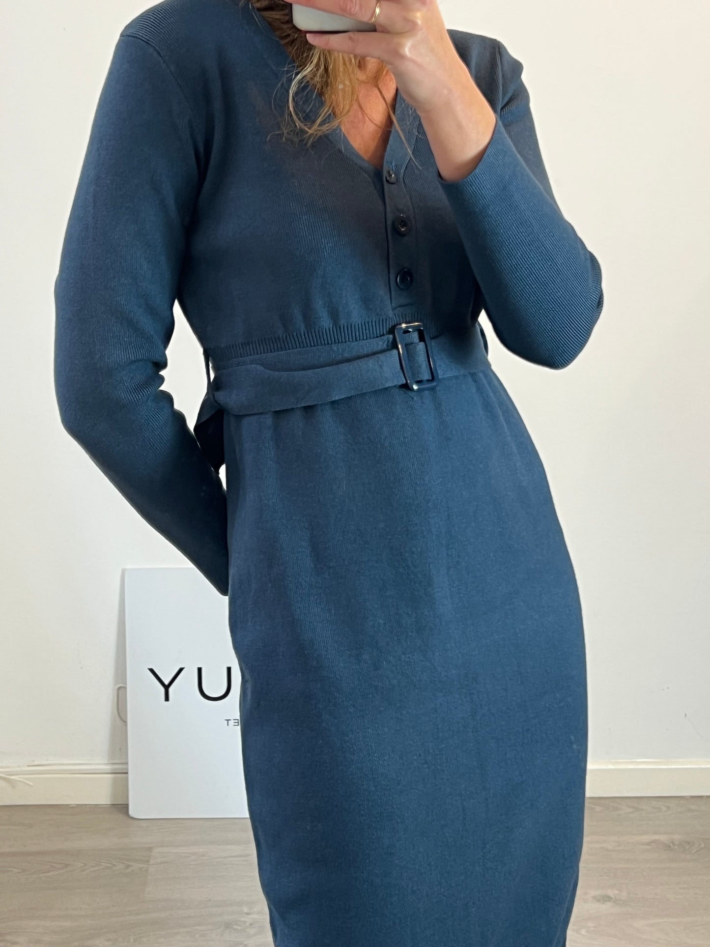 NATURA. Vestido midi punto azul. T S/M