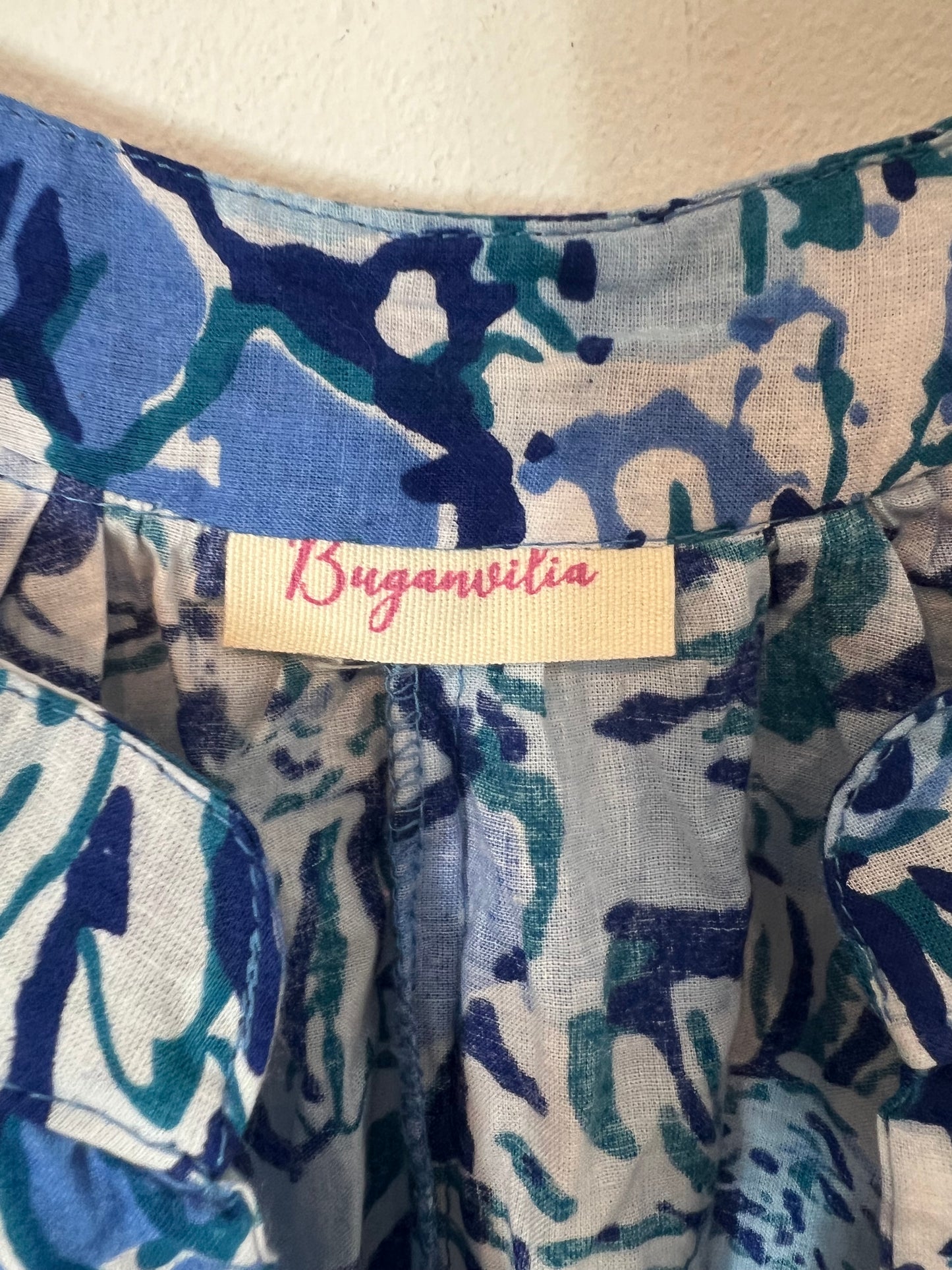 BUGANVILIA. Blue and white floral dress, size XL