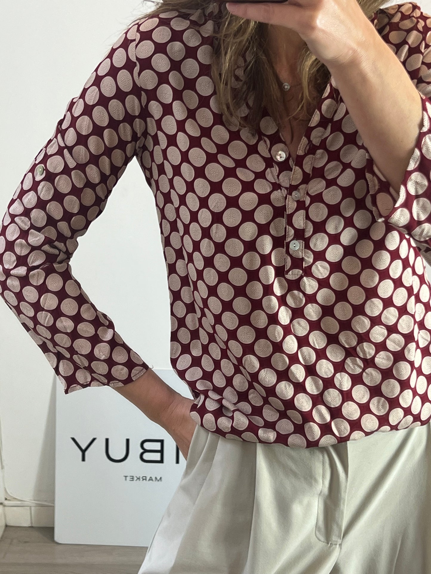 VIO VIA. Printed burgundy blouse. TS