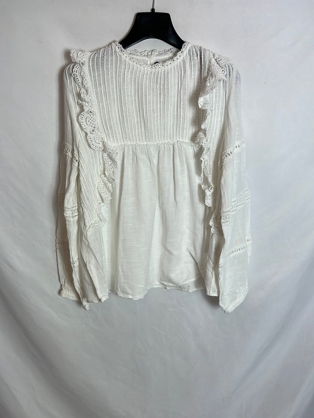 ZARA. White cotton blouse with ruffles, size 13/14 (xs)