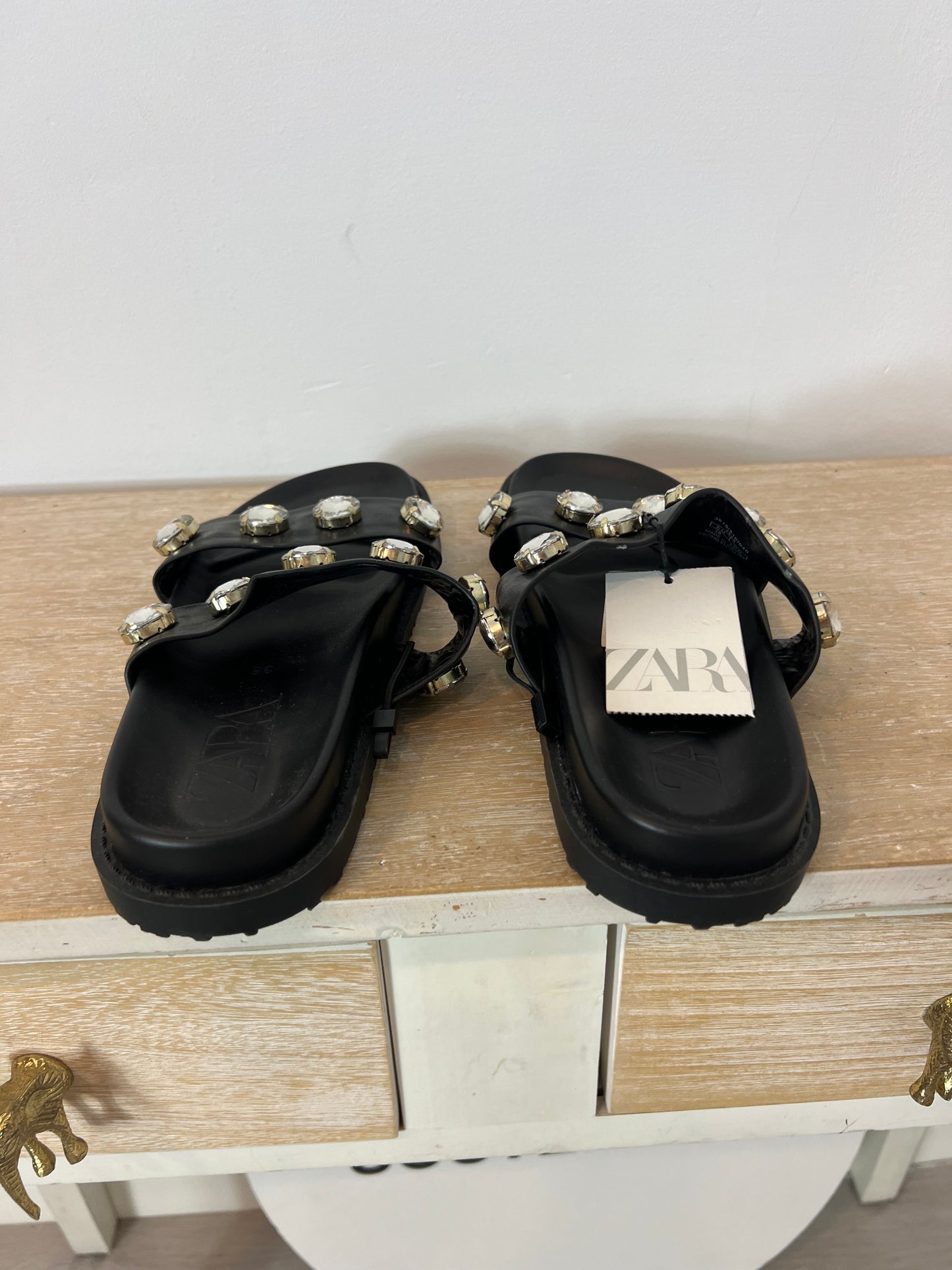 ZARA. Flat sandals with rhinestone straps. Size 38
