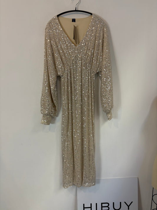 OTRAS. Vestido midi lentejuelas en beige