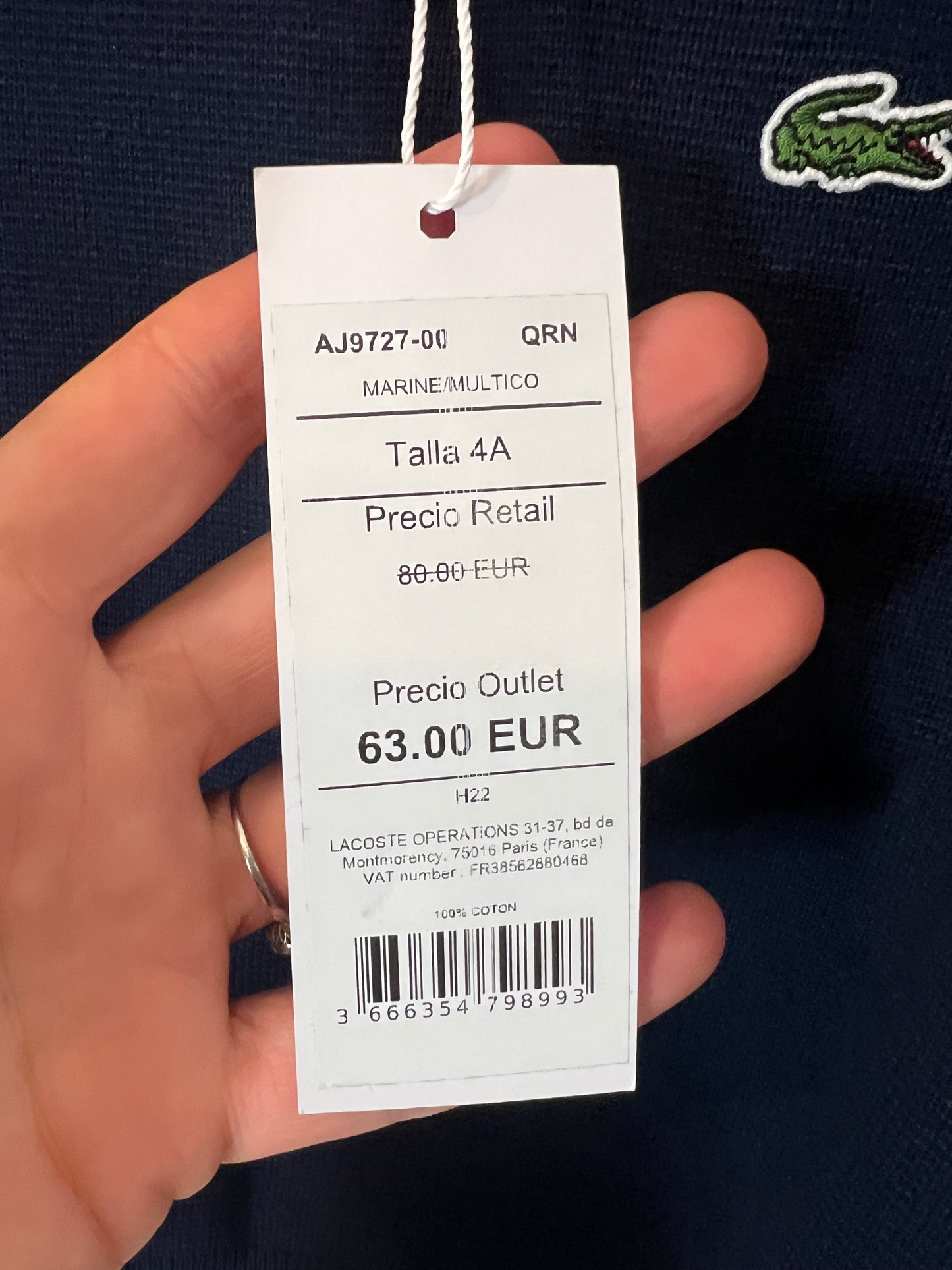 LACOSTE. Jersey azul cuello pico. T 4 años