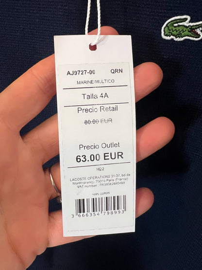 LACOSTE. Jersey azul cuello pico. T 4 años