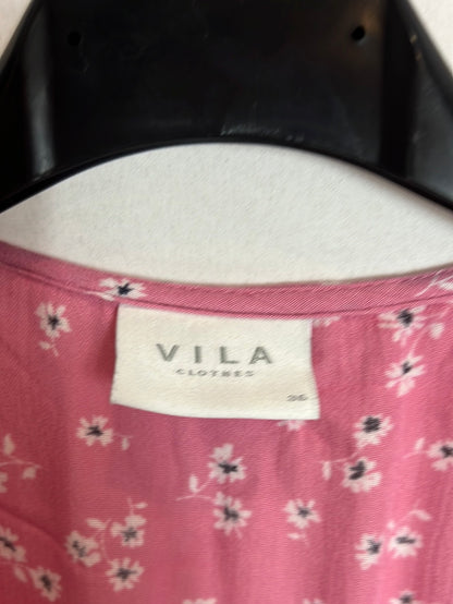 VILA. Vestido largo rosa cruzado flores. T 36