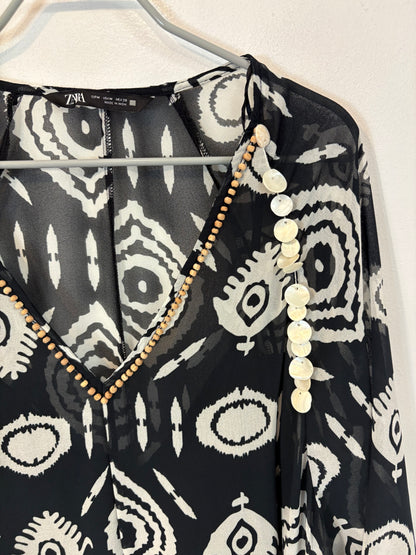 ZARA. Vestido kaftán azul estampado