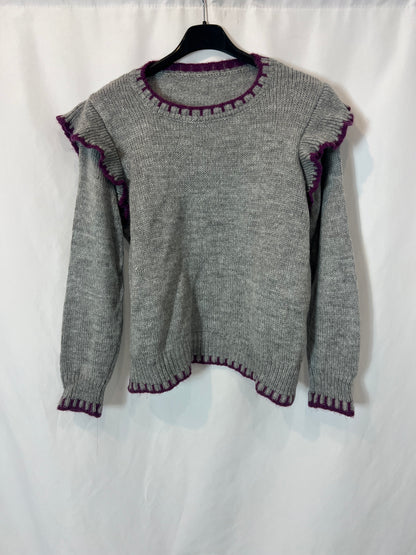 OTRAS. Jersey gris detalles morados. T S/M