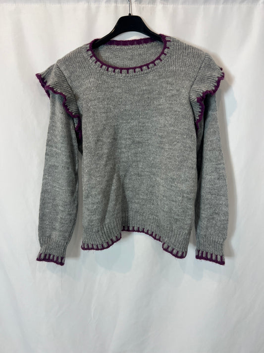 OTRAS. Jersey gris detalles morados. T S/M