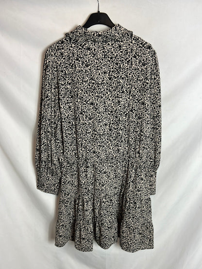 ZARA. Vestido beige flores negras. T L