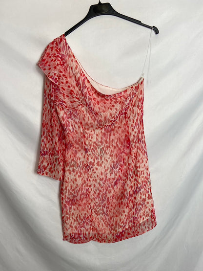 NICOLI. Vestido corto rosa estampado una manga T.S