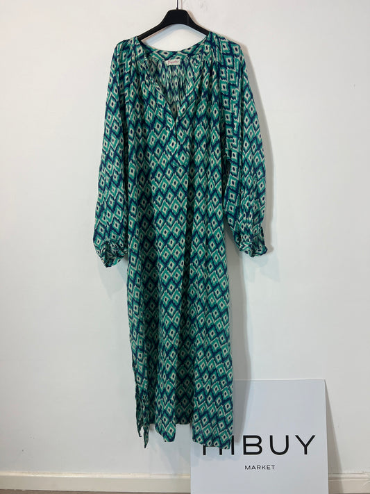 BUGANVILIA. Long dress with blue diamond print, size 3XL
