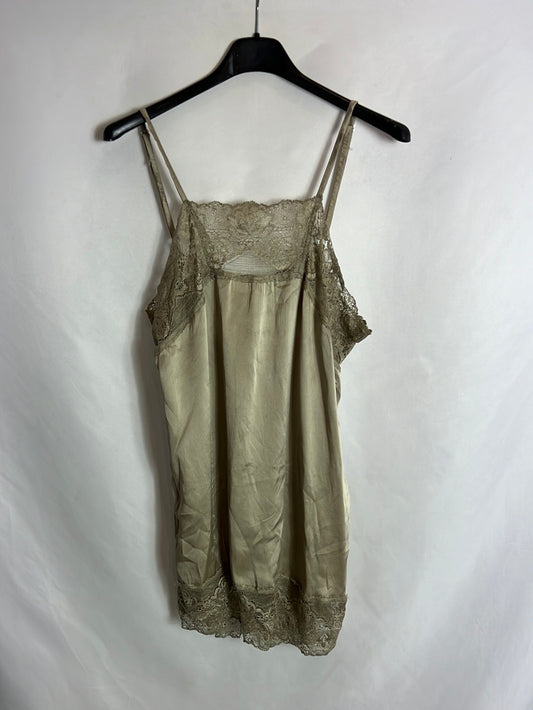 TWIN-SET. Top seda verde claro encaje. T M