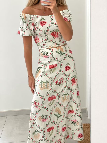 CASTAÑO DE INDIAS. Conjunto top y falda palmitos